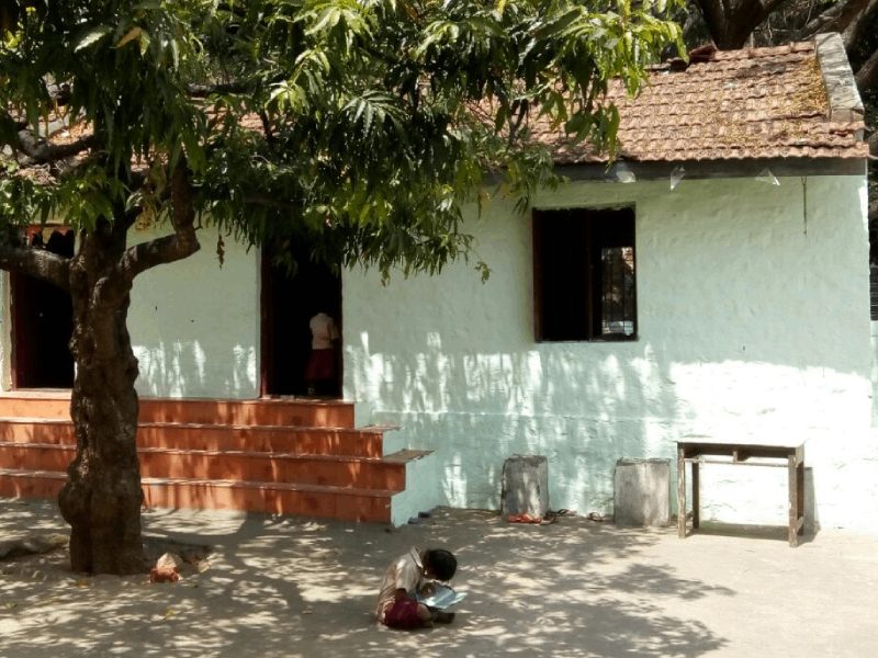 A child reading under a tree beside a small tribal school building